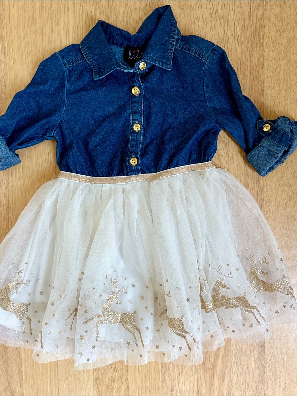 Lilt Kids Denim & Tulle Holiday Dress | Gold Glitter Reindeer & Stars | Size 3T